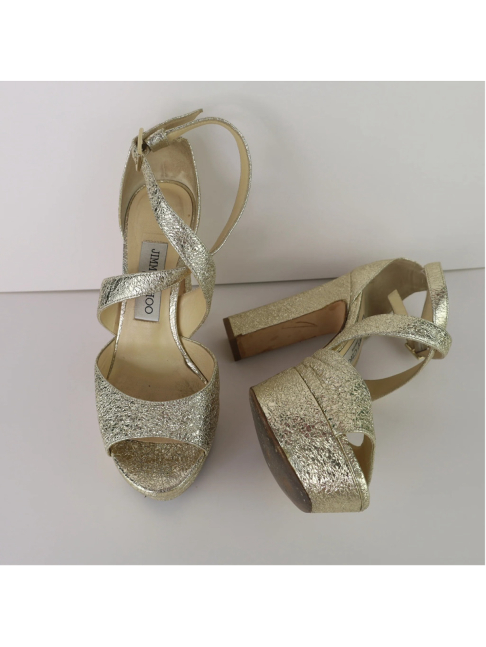 Jimmy Choo Gold Platform Heels EU 36.5 US 6.5 Metallic Leather Sandals 0483 - Picture 7 of 16